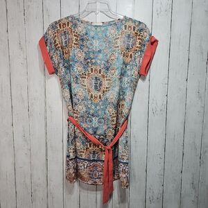 Promod Woman's Floral Print Orange Trim Tie Waist Lightweight Size Medium.